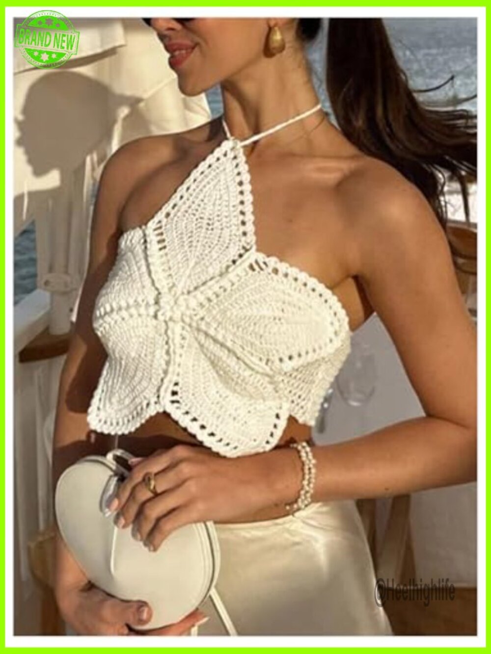 Women's Floral Crochet Beach Halter Top Y2K Tie Back Hollow Out Crop Top - Picture 5 of 5